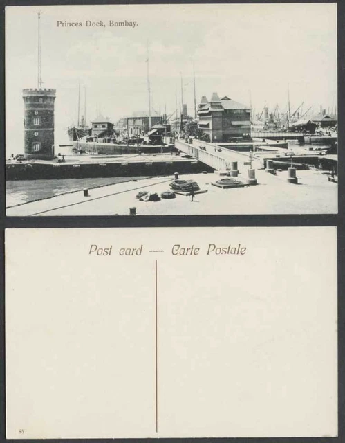 India Old Postcard Princes Dock Bombay Bridge Tower Harbour Steamers Ships Boats