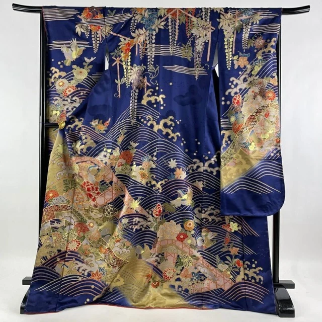 Woman Japanese Kimono Furisode Silk Oshidori Flower Gold Thread Foil BluePurple