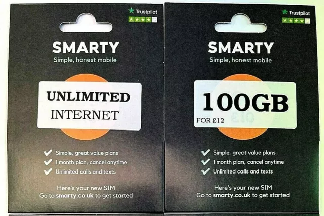 Smarty NEW Sim Card Mobile 100GB Unlimited Calls & Texts Fast P&P SIMS 30GB 12GB
