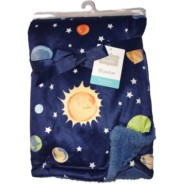Hudson Baby Plush Space Planets Blanket Blue Sherpa Stars Sun Solar System NWT