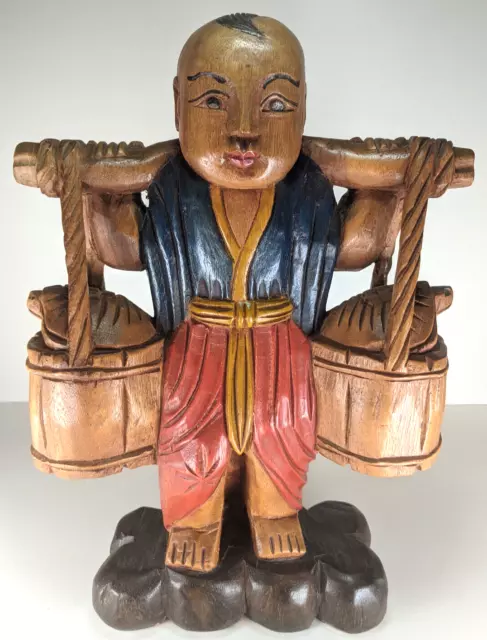 Hand Carved and Painted Wood Statue Fisherman with Turtles 1940s Chinese Art