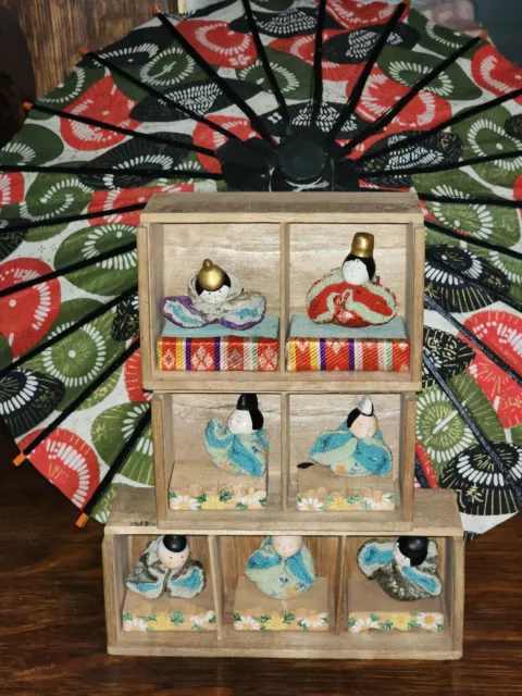 Vintage Japanese Hina Clay Ningyo Dolls In Wooden Case Signed