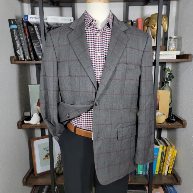 Tasso Elba Men's Sport Coat Gray Herringbone Plaid Poly Wool Size Large 42-44