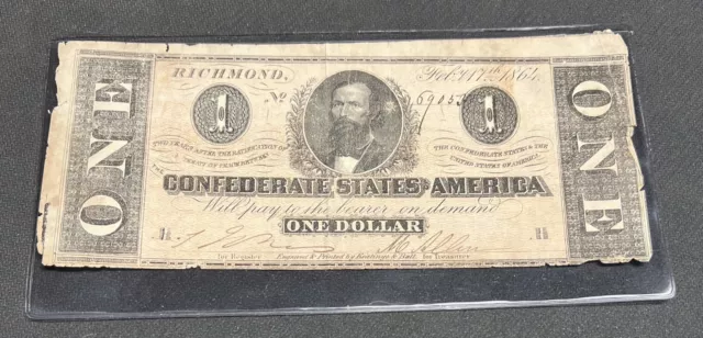 1864 (T-71) $1 Confederate States of America One Dollar Bank Note old CSA