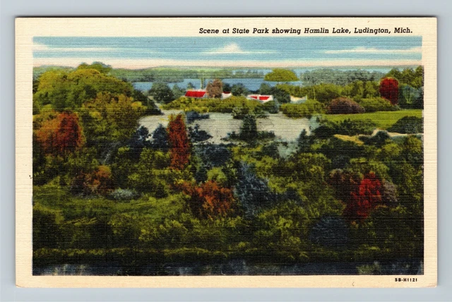 Ludington MI-Michigan, Aerial View, Hamlin Lake, State Park Vintage Postcard
