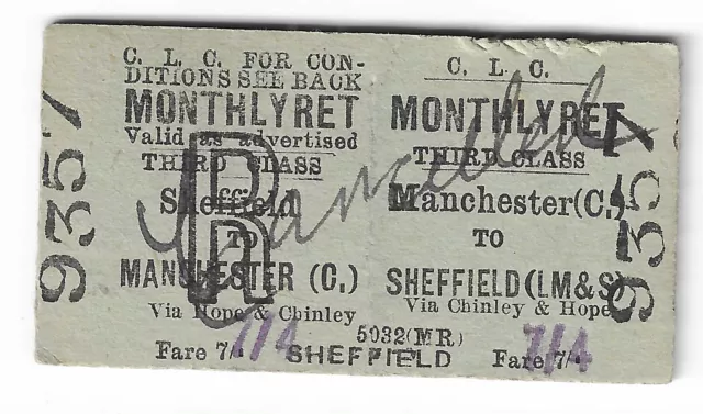 Railway Tickets, C L C, MANCHESTER (CEN) to SHEFFIELD LMS, 3rd Cl, Issued 1937
