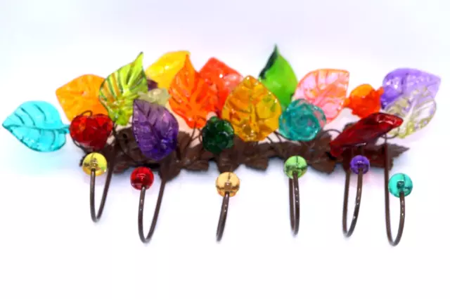 Wall Art Hooks Multicolored Resin Flowers Leaves Keys Jewelry Scarfs 9" X 13"