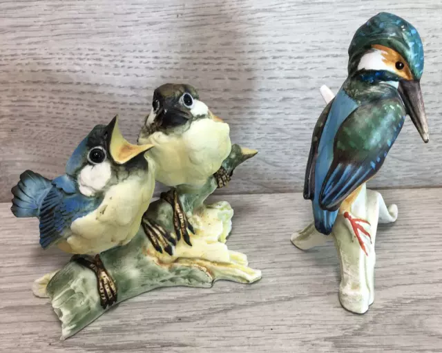 GOEBEL W.GERMANY KINGFISHER FIGURE PERCHED ON A BRANCH & 2 capodimonte birds
