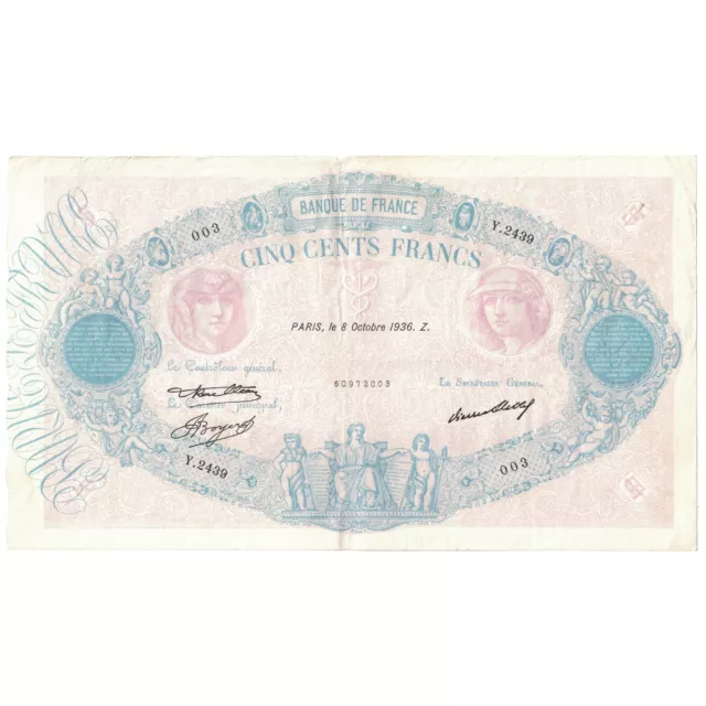 [#634986] France, 500 Francs, Bleu et Rose, 1936, Y.2439, TB+, Fayette:30.37, KM