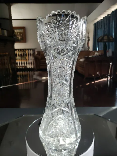 12" VASE Corset shape, American Brilliant Cut Glass Crystal Prisms & Hobstars