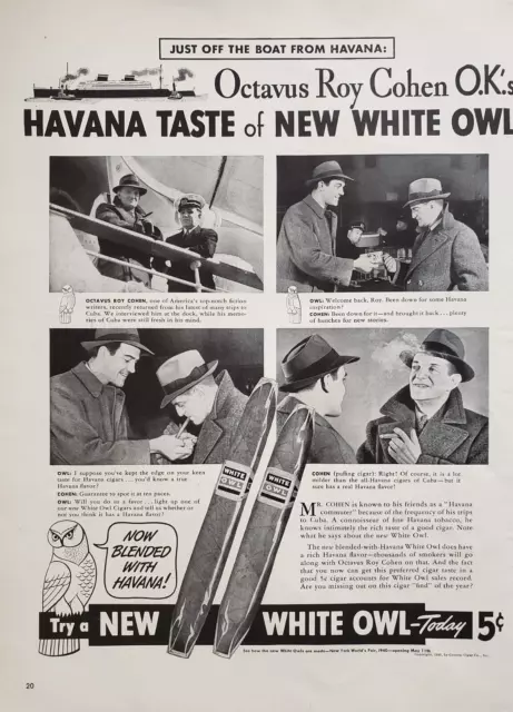 1940 White Owl Cigars Blended With Havana Writer Octavus Roy Cohen  Print Ad