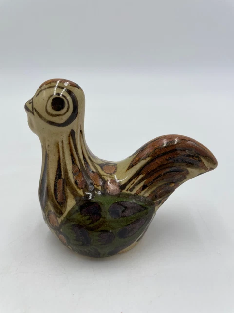 Tonala Ceramic Chicken Rooster Bird Figurine Mexico Pottery Green Brown Tan