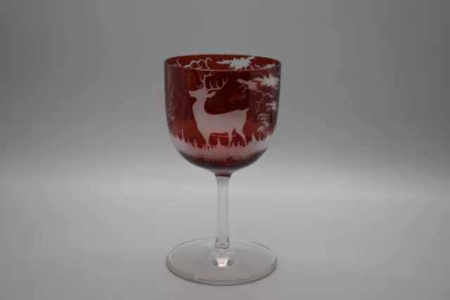 Egermann Bohemian 4.5" Goblet Stem Wine Hock Ruby Crystal Etched Stag Scene A