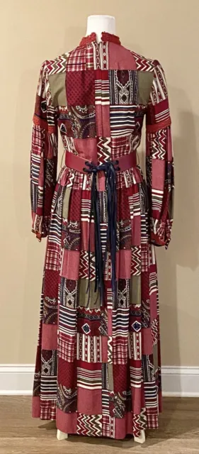 Vintage 1970s Prairie Lace Trim Patchwork Boho Cottage Maxi Dress & Belt Sz 10? 2