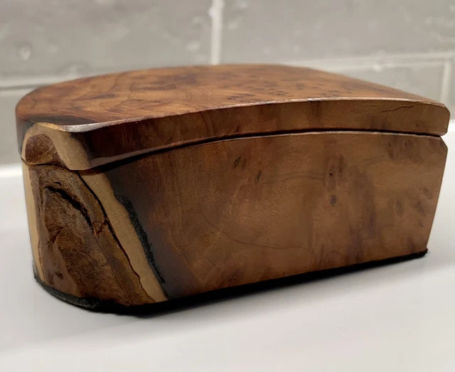 Vintage California Redwood Burl Hand Carved Wood Box Signed Edder Leather Base