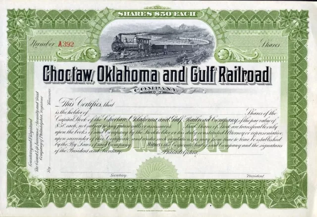 1___ Choctaw Oklahoma & Gulf RR Stock Certificate