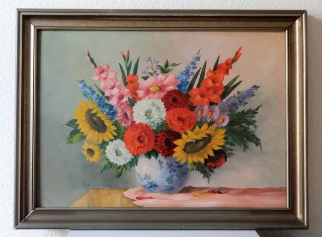 schönes Ölgemälde Blumen Stillleben altes Öl Gemälde signiert ~ 1940 Ölbild