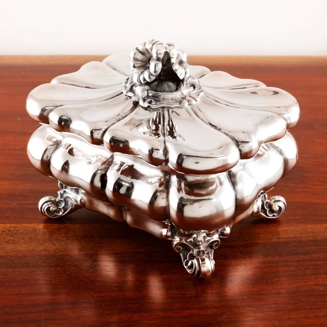 Rare Kemnis German 12 Loth Silver Sugar Box 18Thc Floral Finial,Scroll Feet
