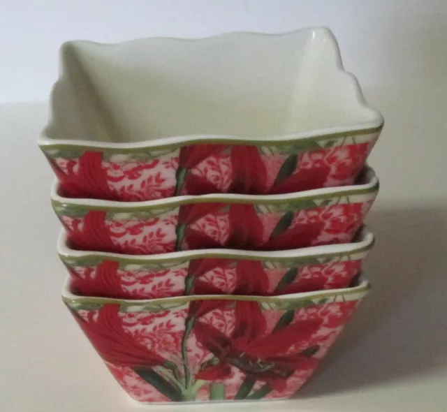 222 Fifth Holiday Decoupage Set of 4 Appetizer Bowls Amaryllis New Unused