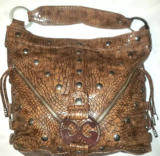 House of Dereon Distressed Espresso Leather Handbag. Bold Brass Accents.  Beyonce