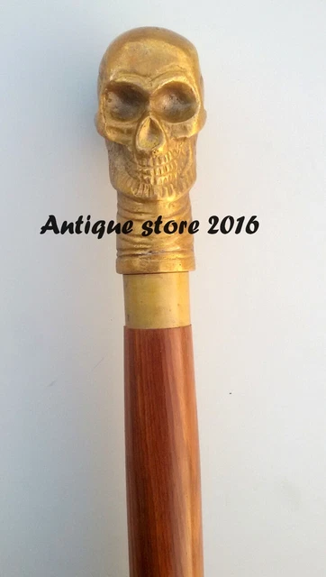 Antique Vintage Skull Head Handle With Walking Stick Wooden Nautical Cane Gift