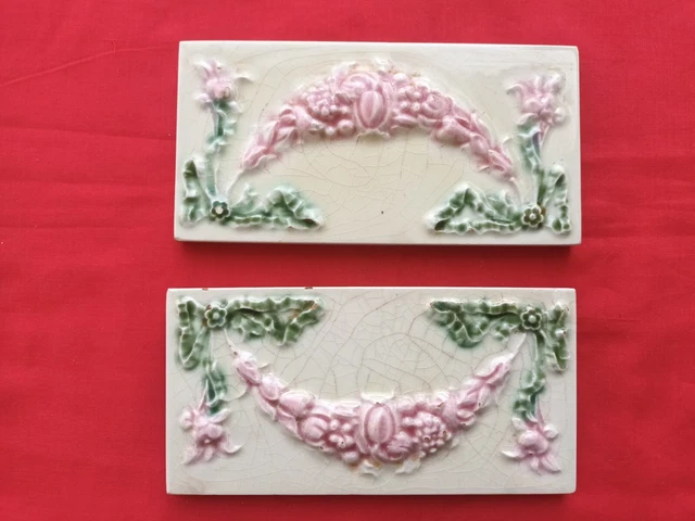 2 Piece Old Art Deco Floral Design Embossed Majolica Ceramic Tiles Japan 0263 2