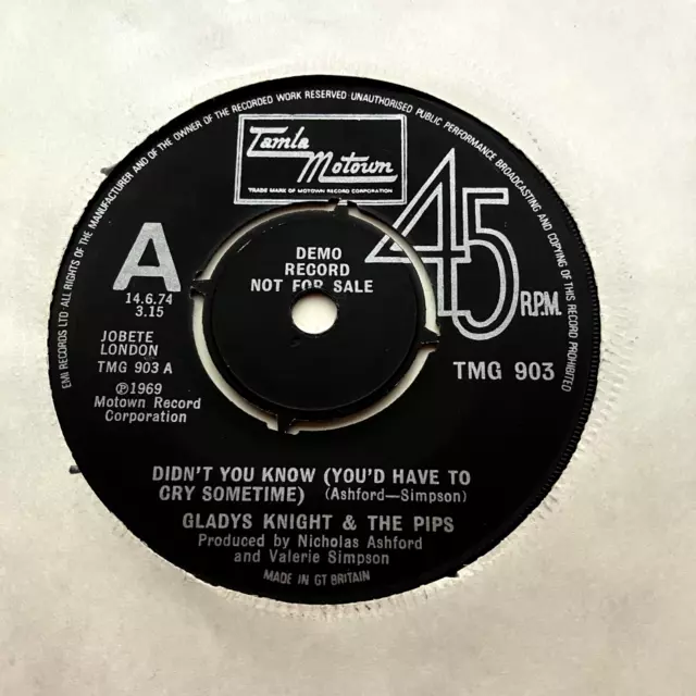 Gladys Knight Didn't You Know TMG 903  DEMO Record UK  7" 45 vinyl single  EX++