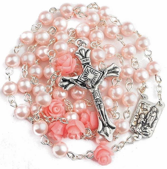 Catholic Pink Pearl Beads Rosary Necklace Rose Lourdes Medal Cross Crucifix