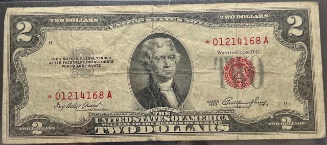 1953 $2 Dollar Bill Red Seal Star Note