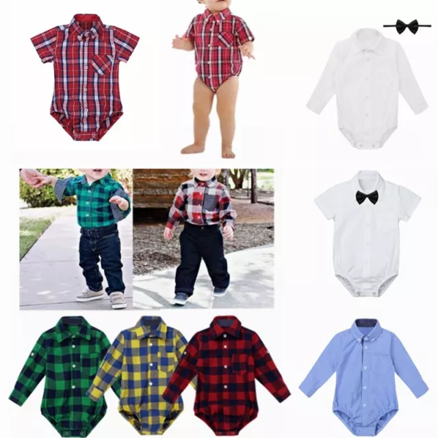 Kids Baby Boys Gentleman Romper Lapel Plaid Shirt Jumpsuit Bodysuit Formal Tops