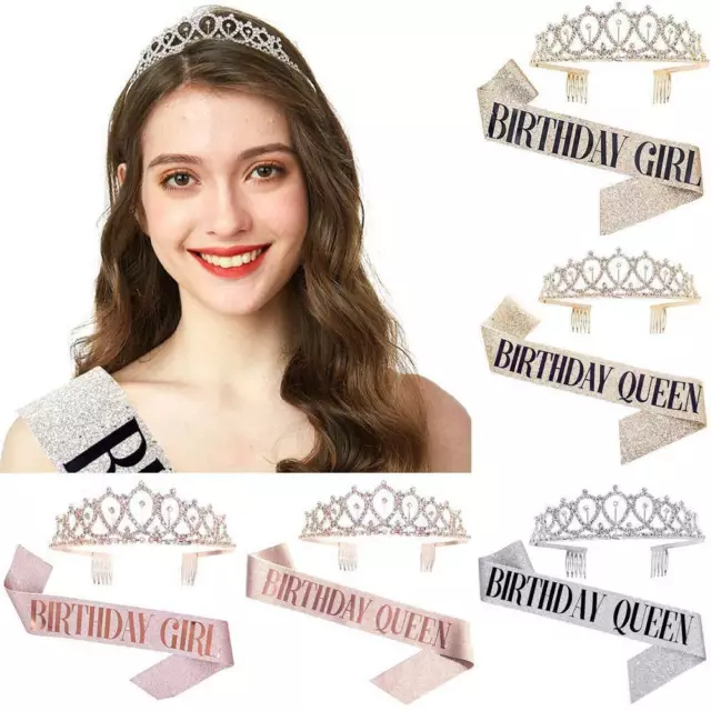 Woman Birthday Party Tiara And Sash Crystal Crown Shoulder Strap Headwear Set/