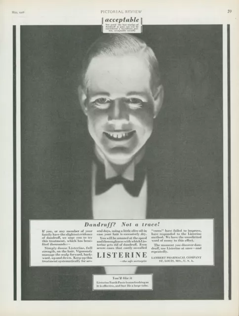 1928 Listerine Anti Dandruff Creepy Smiling Man Tuxedo Vintage Print Ad PR4
