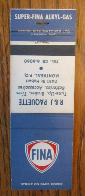 R & J Paquette Fina Gas Station Matchbook Matchcover: Montreal, Quebec -E8