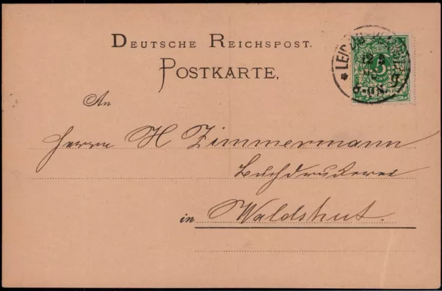 DR; 5 Pf. Krone / Adler mit Firmenlochung auf Postkarte "LEIPZIG-PLAGWITZ" 1892