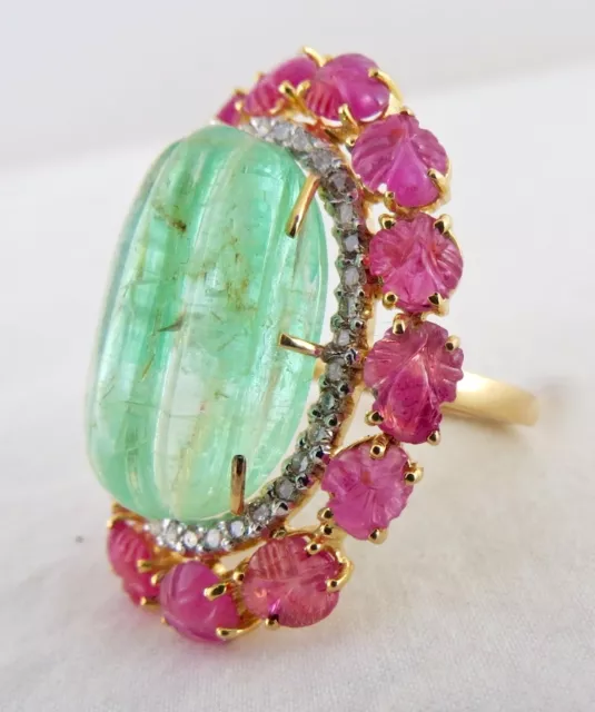 OLD NATURAL COLOMBIAN Emerald Ruby Carved Diamond Gemstone18K Gold ...