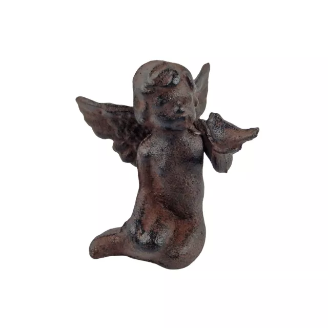 Angel Sitting Figurine with Bird Cherub Statue Garden Rustic Cast Iron 3.5" Tall 2