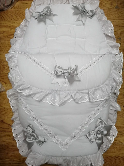 Baby Girls /boys White & Grey Luxury Large Ribbon Foot Muff Cosy Toes Pram buggy