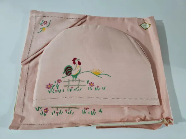 Vintage NOS Irish Linen Embroidered Rooster Toaster Cover / Napkin Set