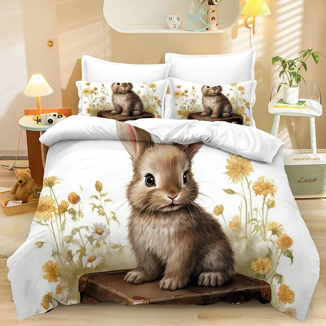VINTAGE RABBIT FLOWER Duvet Quilt Cover Double Queen Pillowcase Bedding Set EUR 38,33 PicClick FR