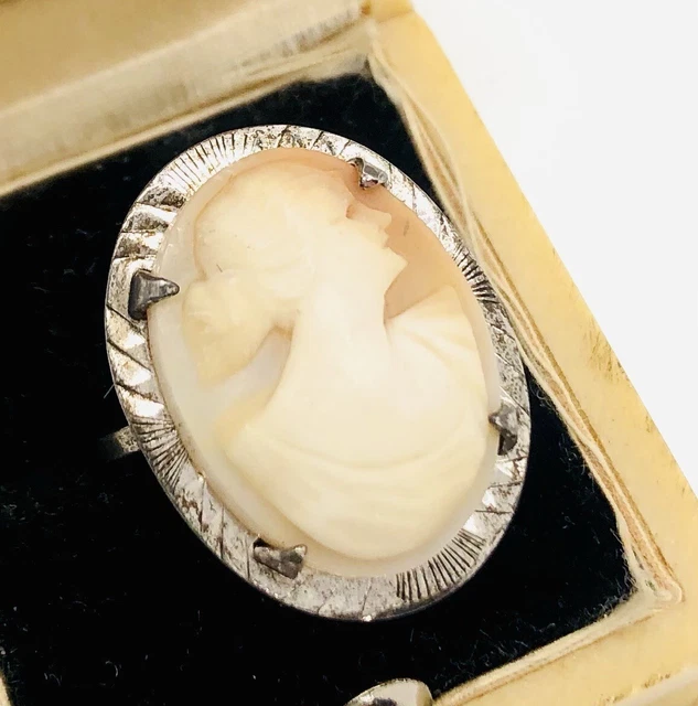 Bague Caméo Ancienne En Argent Massif – Taille 60, Style Antique, Coquille Gravée