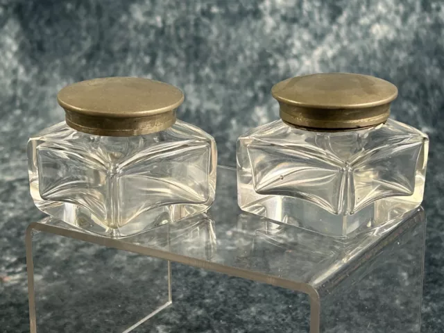 Pair Of Antique 19th Century Square Cut Glass Inkwells & Screw Top Silver Lids