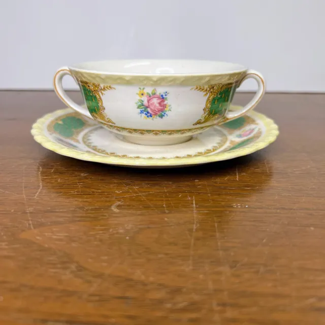 Vintage Myott Staffordshire Bouillon Soup Cup and Saucer Green Band Floral 3