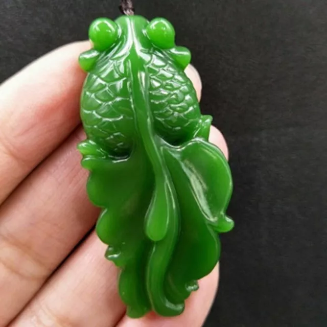 Chinese Natural Green Jade Pendants Necklace Amulet Lucky Fish Goldfish Gifts