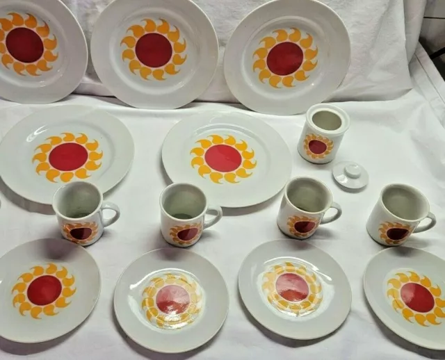 16 Piece Rising Sun Plates Cups Saucers Japan Ceramic MCM Vtg Retro