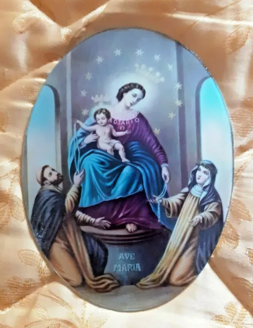 ANTICA  IMMAGINE OVALE su VETRO MADONNA DEL ROSARIO DI POMPEI anni 50