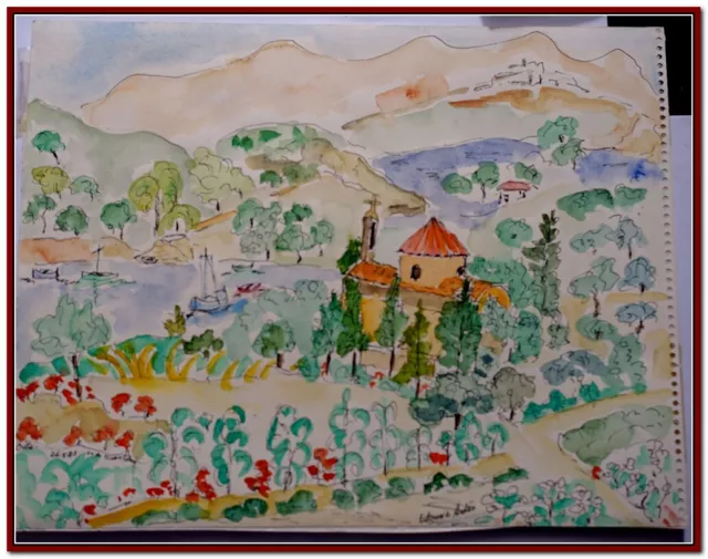 [AQUARELLE]  Edmone ADéS PAYSAGE Vue d'une église en bord de mer et nature