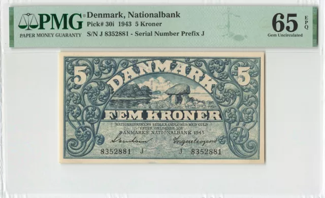 Denmark 1943 5 Kroner P-30i UNC PMG 65 EPQ