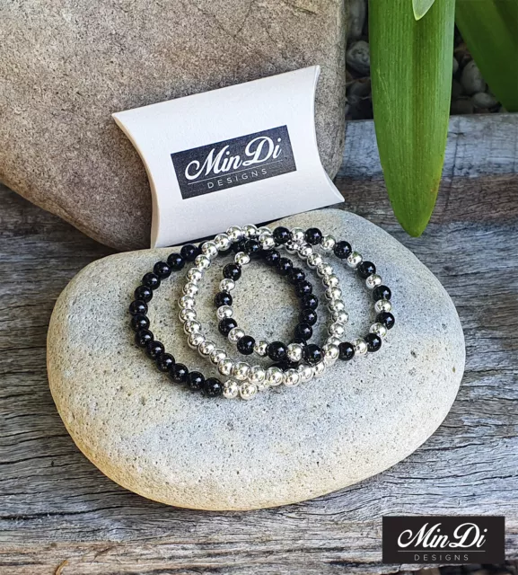 Handmade Stretch Bracelets With Sterling Silver & Black Onyx - 6mm Beads 3