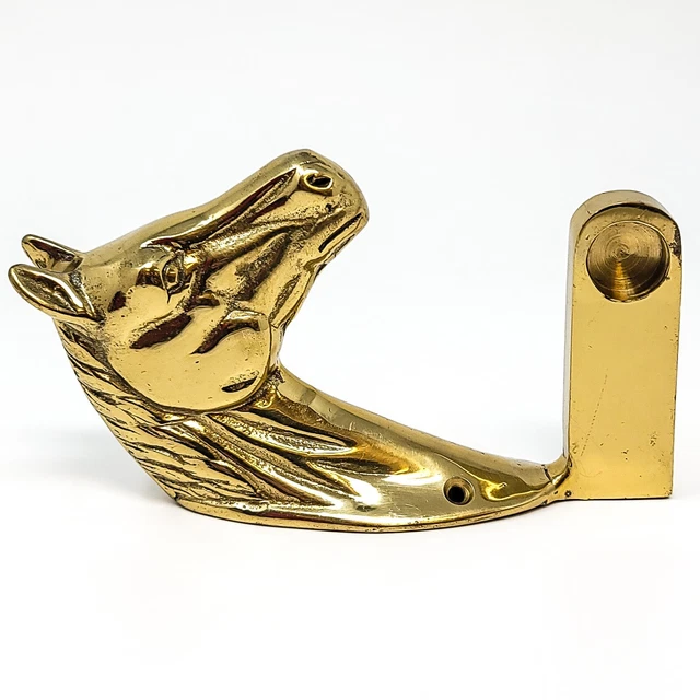 Vintage Pair Of Cast Polished Brass Horse Brackets For Towel Rod 9