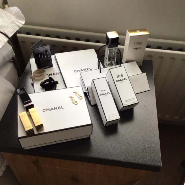 Chanel boxes bags ribbons No 5 charms a bottle and samples - all exc condition